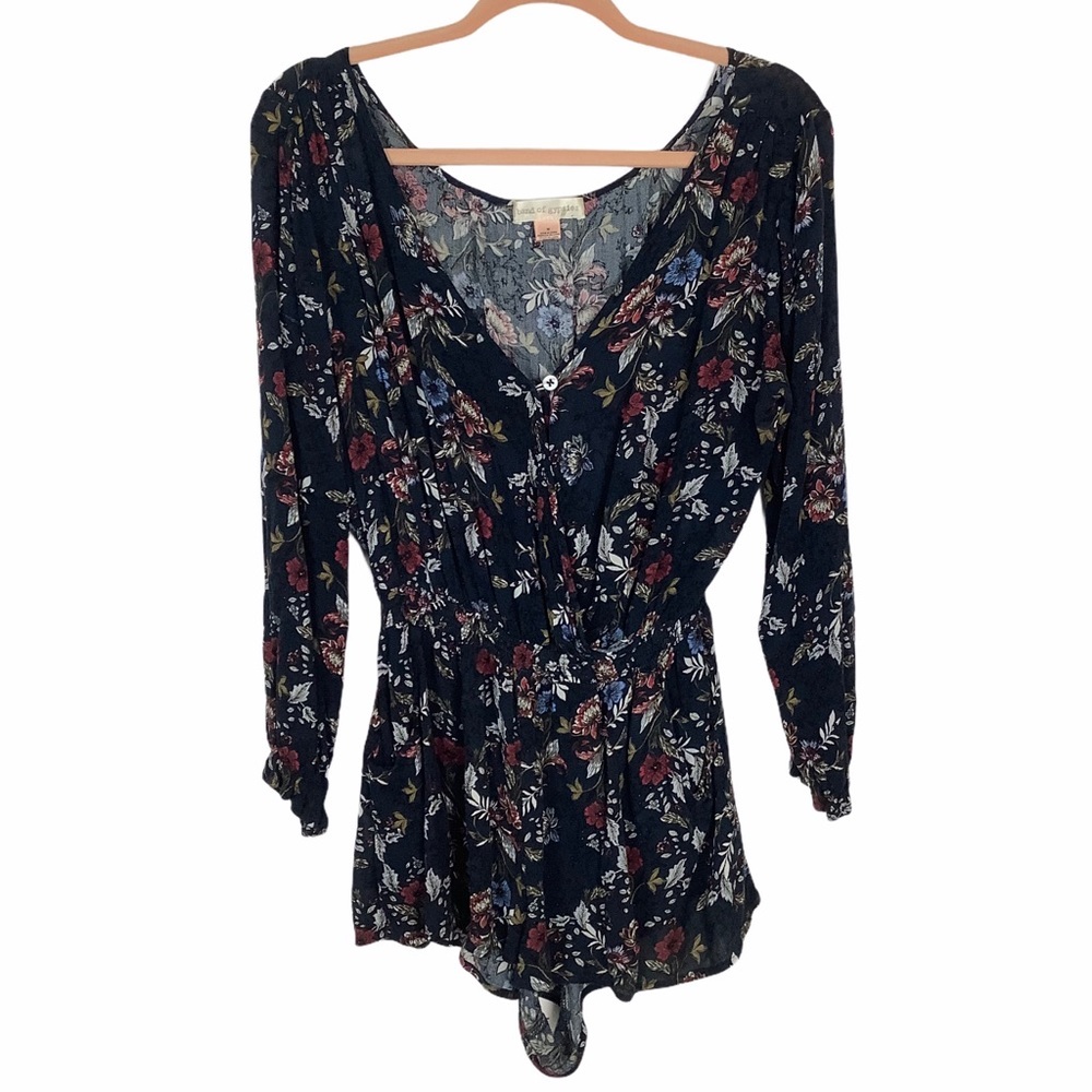 Band of Gypsies Navy Floral Long Sleeve Romper V-Neck Elastic Waist Women Medium